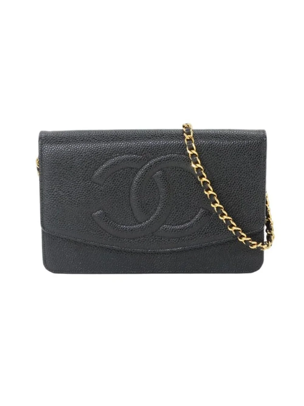 Chanel Caviar Leather Chain Wallet Black CC Logo Gold Shoulder